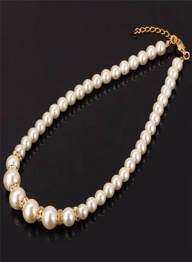 DATOA 3 Pcs Set Elegant Pearl Round Beads Imitation Pearl Acrylic Necklace Earrings Bracelet Sparkling Crystal Jewelry for Women Wedding Engagement Jewelry Set - Gold - Image 3